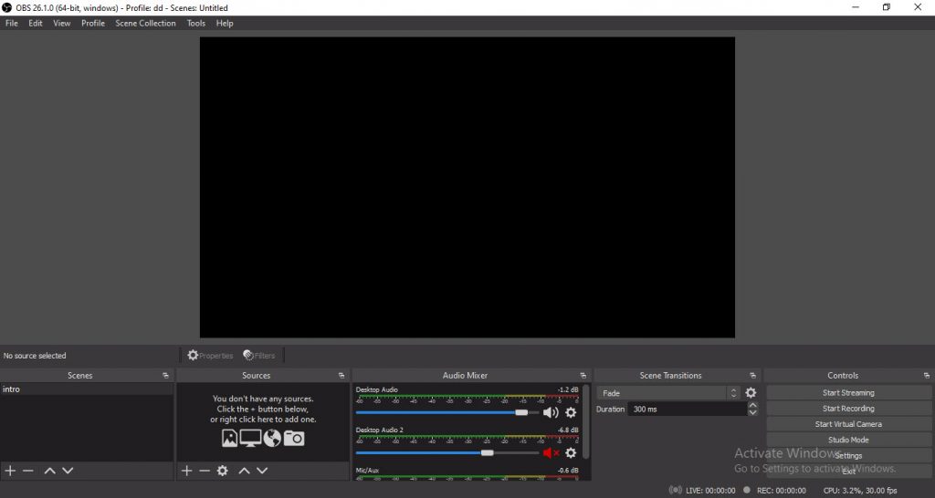 محیط اولیه نرمافزار OBS Studio