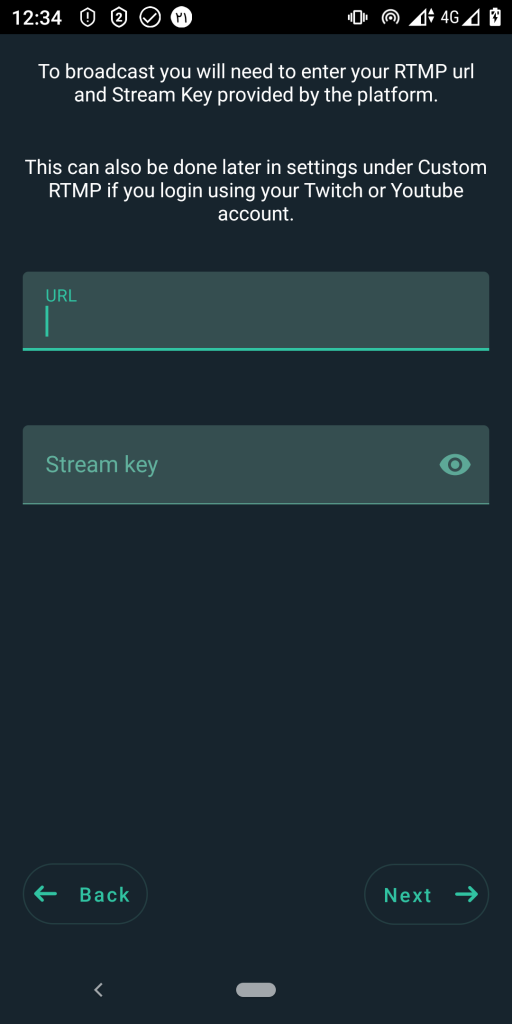 وارد کردن url و stream key در streamlabs برای استریم کردن با گوشی